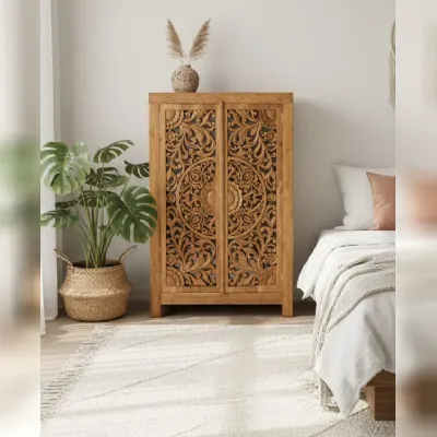 Armadio dispensa intagliato teak 165 Outlet etnico con ante battenti SCONTATO a PREZZI OUTLET
