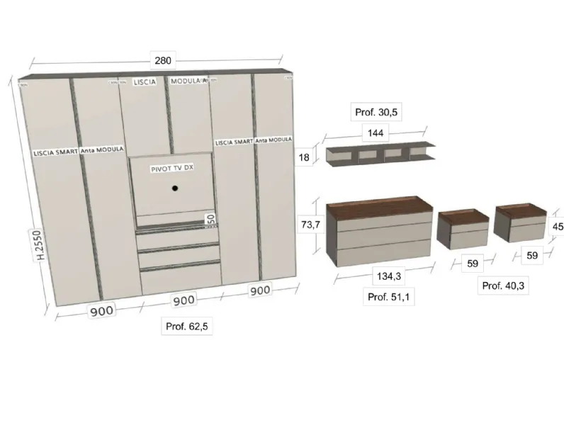 Camera da letto Modula Tomasella in laminato a prezzo Outlet