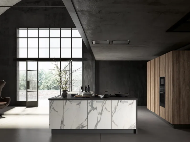 Cucina Essebi design con isola bianca in laminato materico Acc 1
