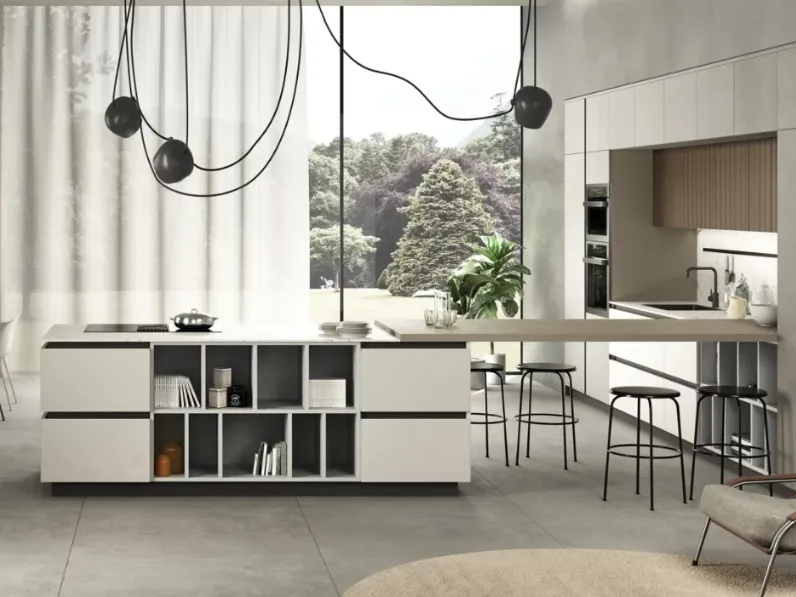 Cucina bianca design con penisola Cucina cemento Artigianale in Offerta Outlet