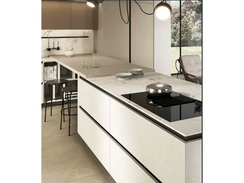 Cucina bianca design con penisola Cucina cemento Artigianale in Offerta Outlet