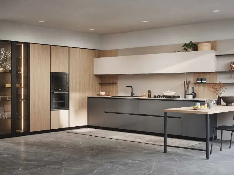 Cucina Domino composizione 01 moderna rovere chiaro Prima cucine con penisola scontata 50%