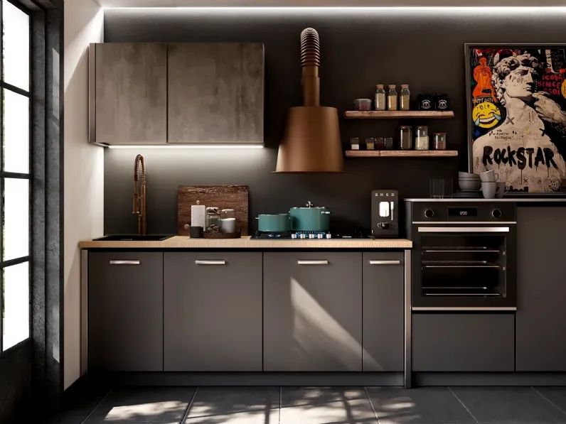 Cucina industrial con paino legno e ante effetto iron steel con colonne   di Outlet etnico in Offerta Outlet -46%