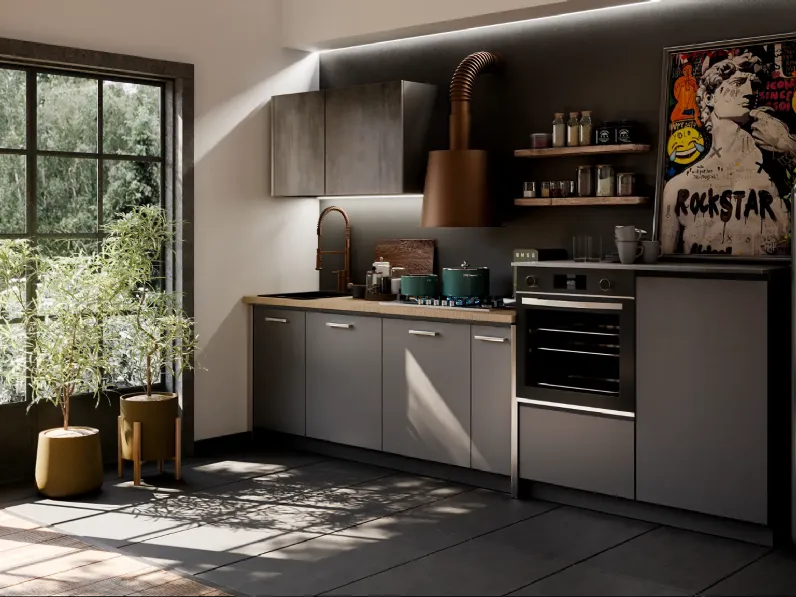Cucina industrial con paino legno e ante effetto iron steel con colonne   di Outlet etnico in Offerta Outlet -46%