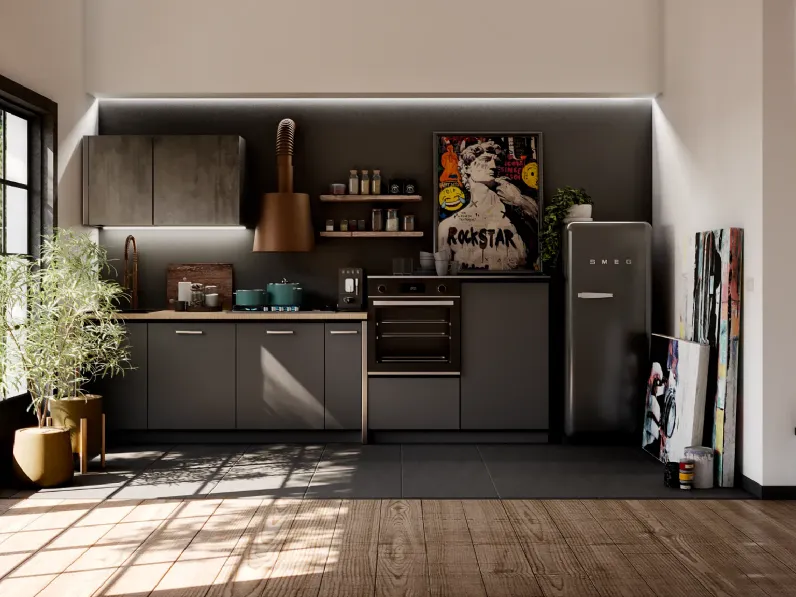 Cucina industrial con paino legno e ante effetto iron steel con colonne   di Outlet etnico in Offerta Outlet -46%